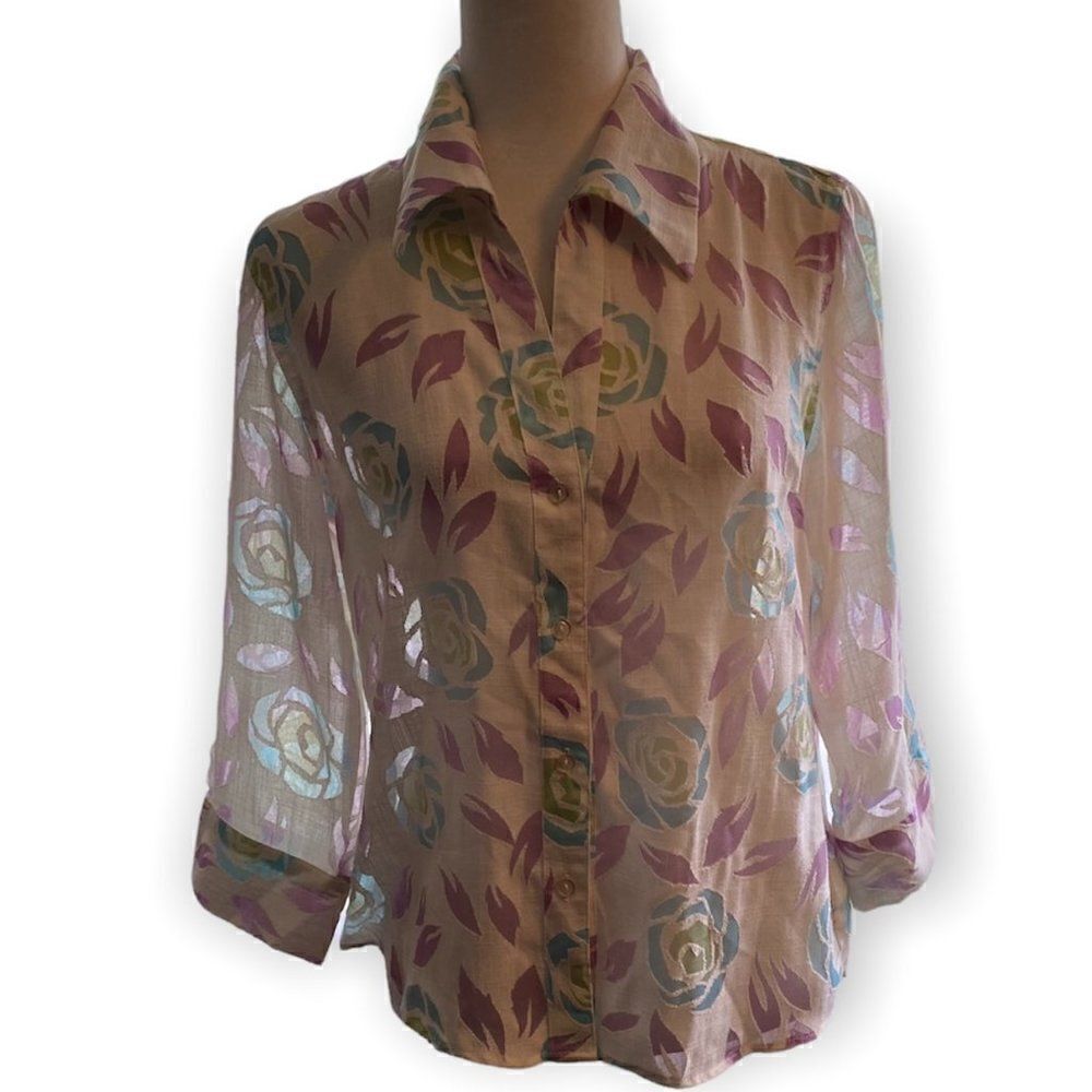 Vintage Stunt White Floral Long Sleeve Blouse SZ M